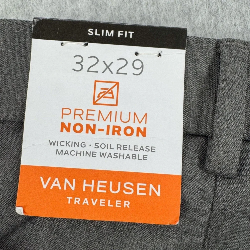 Van Heusen Traveler Dress Pants Mens 32x29 Gray Slim Premium Non Iron NEW $60